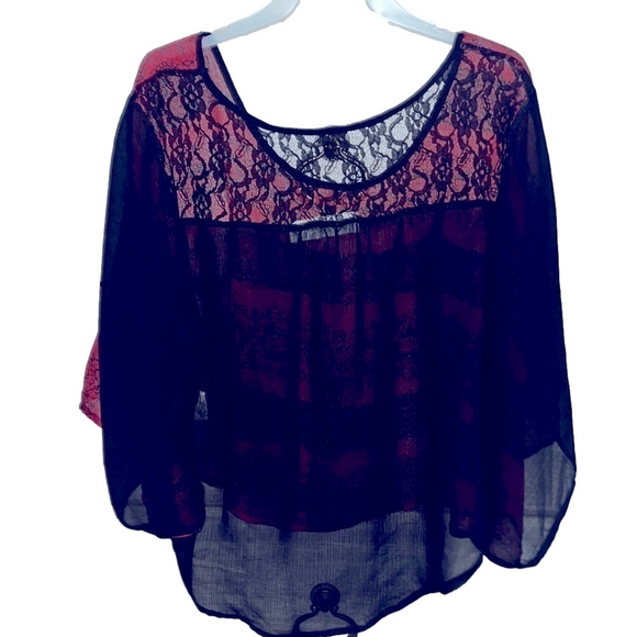 dream out loud red and black y2k dolman sleeve sheer top - Picture 2 of 8